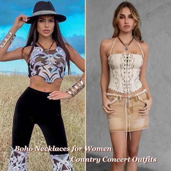 Women's E1-hat Layered Boho Necklaces Cowgirl Jewellery Accessories Outfits - Picture 5 of 9